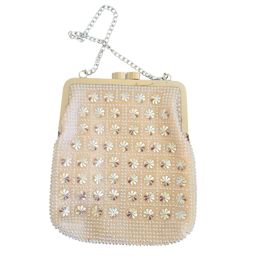 Elegant Beaded Women's Bag Cream Silver Evening Party Cocktail Embellished